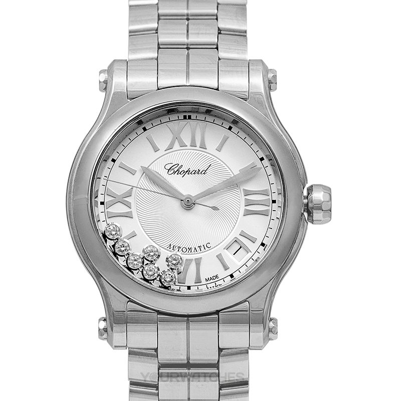 Chopard Happy Sport · Automatique · 36mm · Dame · Diamants Mobiles · Cadran Blanc · Bracelet Acier + Sangle
