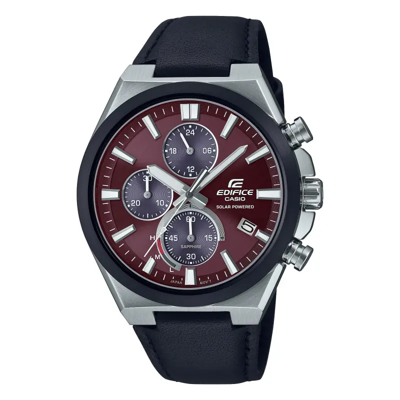 Casio Edifice · Chronographe Solaire · 44mm · Cadran Rouge · Cuir Noir · Saphir