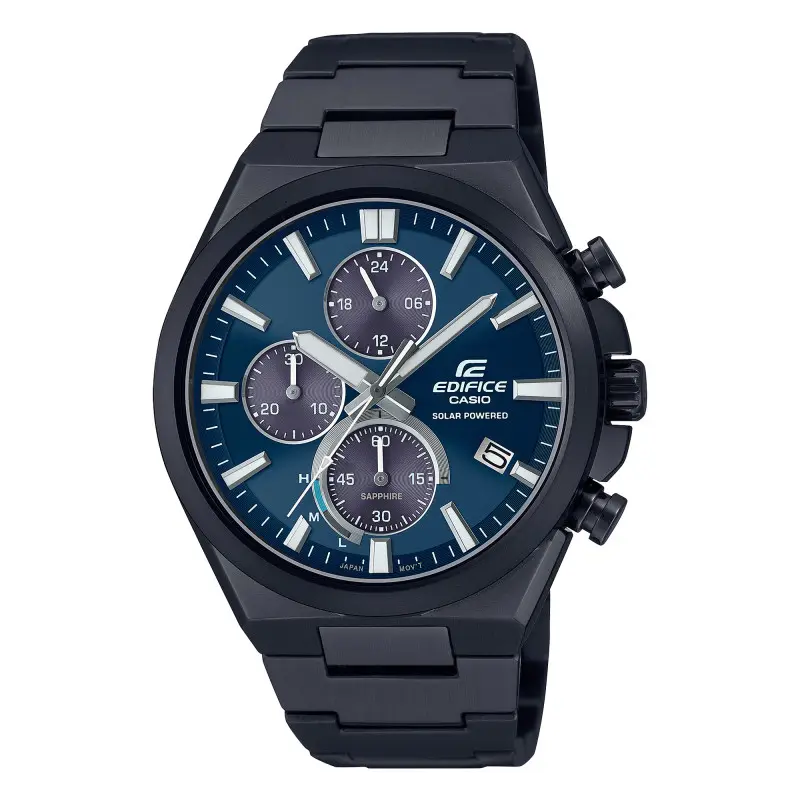 Casio Edifice · Chronographe Solaire · 44mm · Cadran Bleu Marine · Acier Noir · Saphir