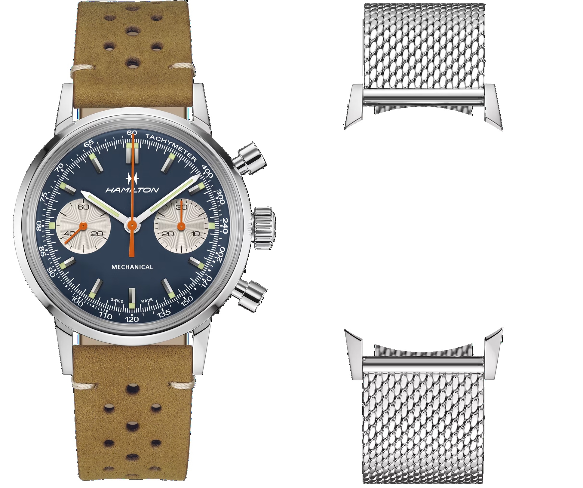 Hamilton American Classic Intra-Matic · Chronographe Manuel · 40mm · Cadran Bleu · Cuir Perforé + Maille