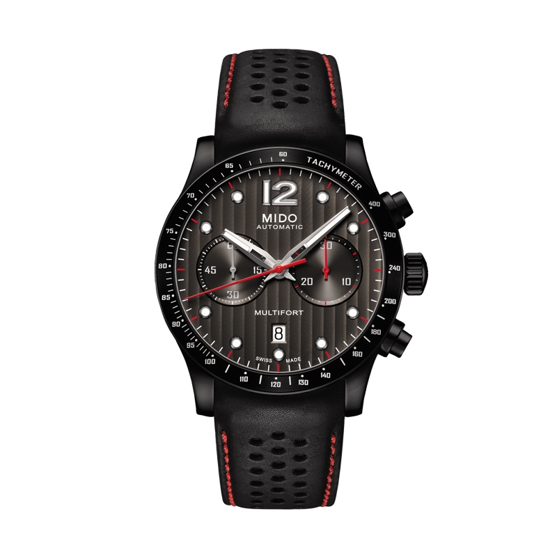 Mido Multifort Chronograph · PVD Noir · Cadran Noir · Cuir Noir Coutures Rouges · 44mm — vue 2