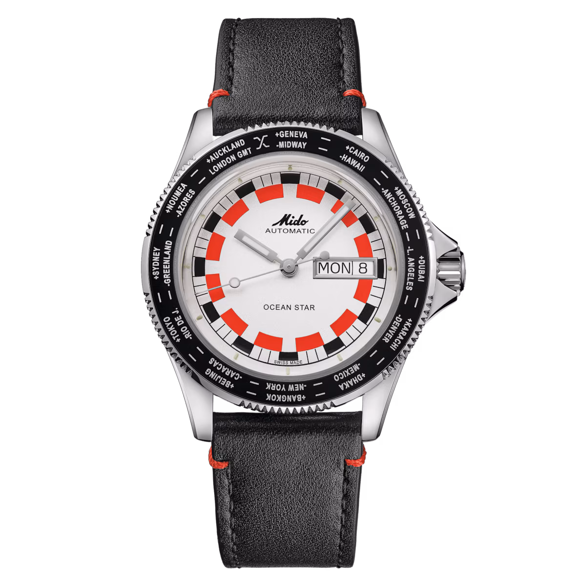 Mido Ocean Star Worldtimer · Cadran Argenté Damier Noir/Rouge · Cuir Bund · 40.5mm — vue 2