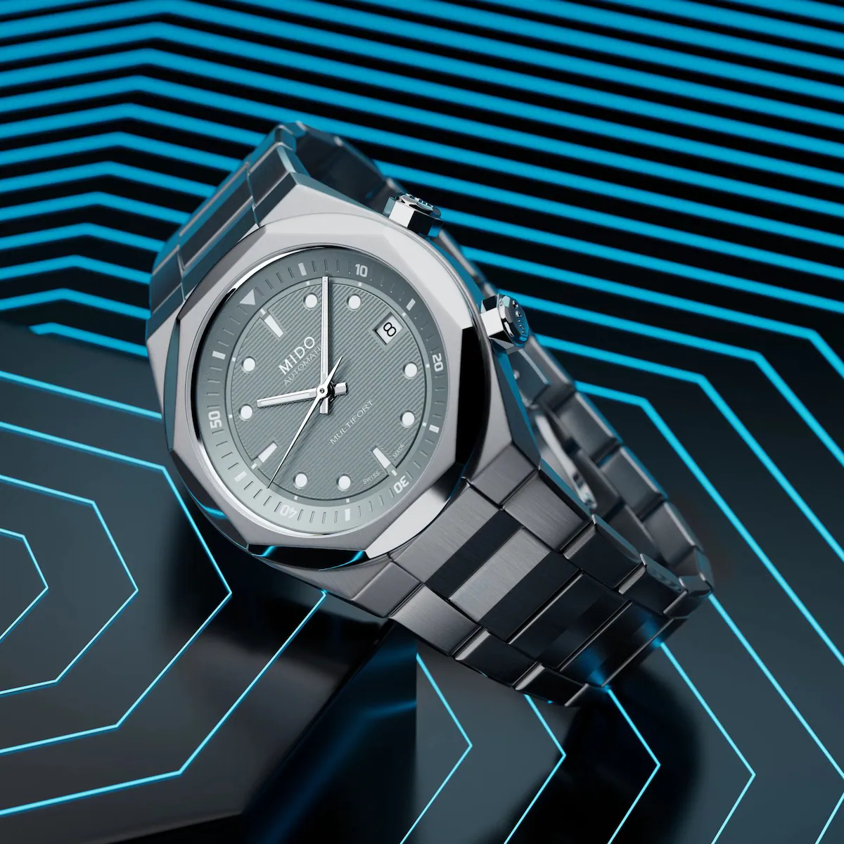 Mido Multifort 8 Two Crowns · Cadran Gris · Bracelet Acier · 38.4mm — vue 5