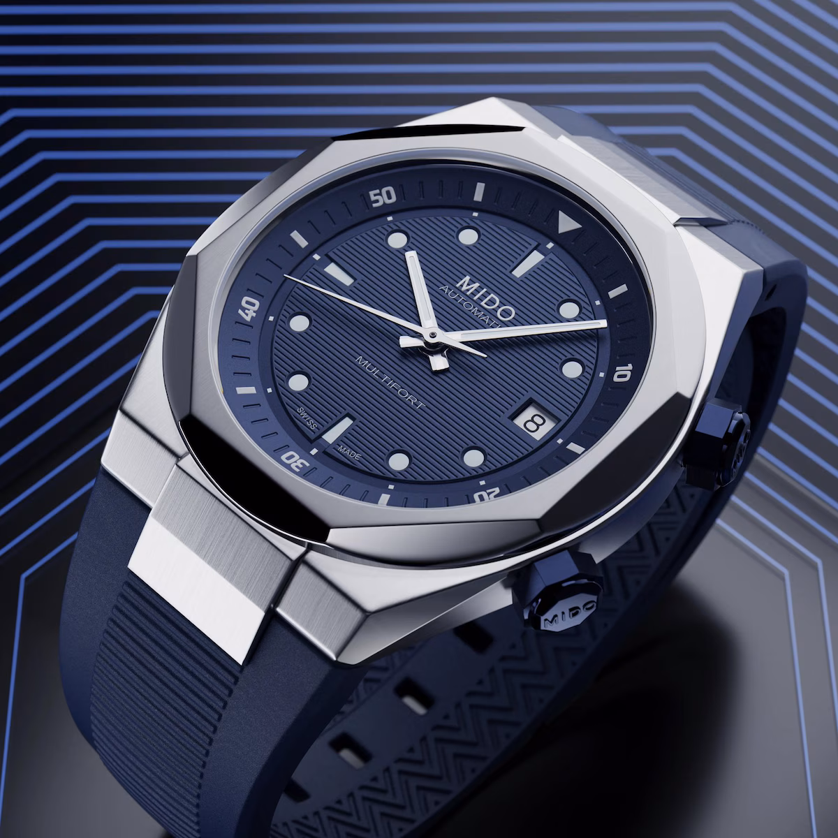 Mido Multifort 8 Two Crowns · Cadran Bleu · Bracelet Caoutchouc Bleu · 38.4mm — vue 5