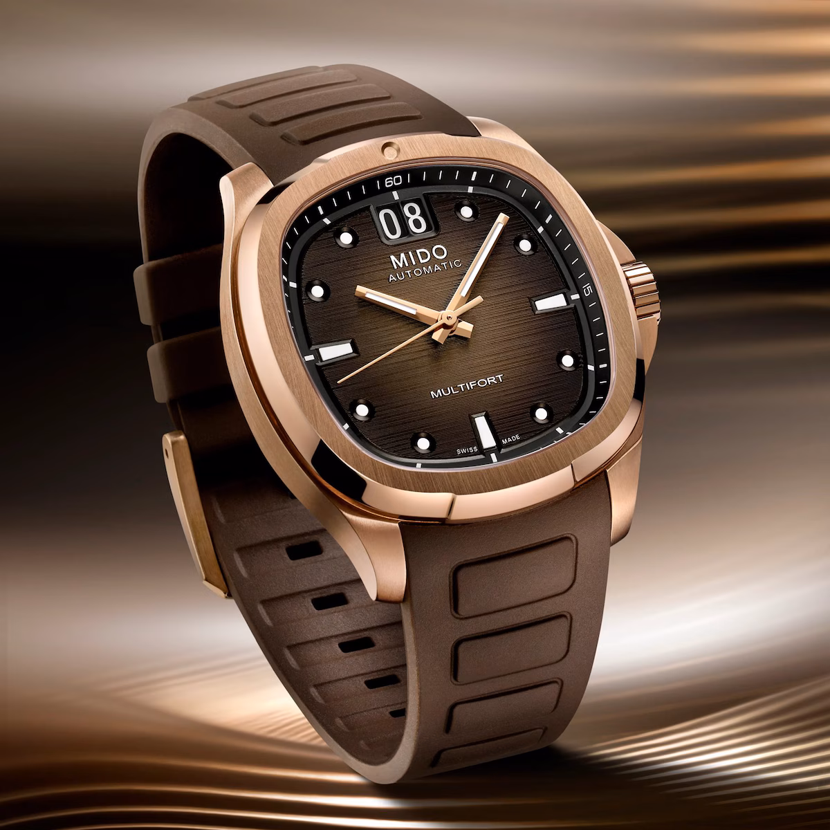 Mido Multifort TV Big Date · PVD Or Rose · Cadran Brun · Caoutchouc Brun · 39.2x40mm — vue 5