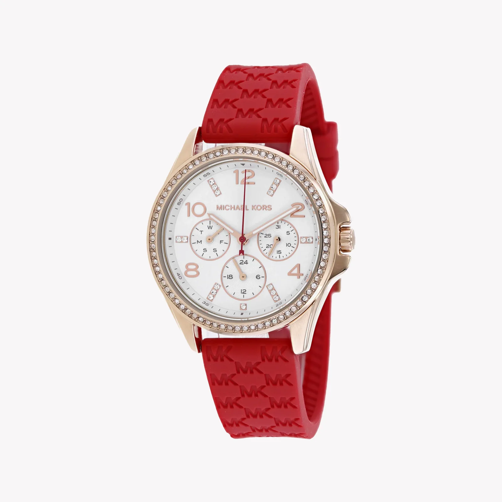 Michael Kors Pilot · Quartz 36mm · Or Rose · Cadran Blanc Pavé · Toile Rouge