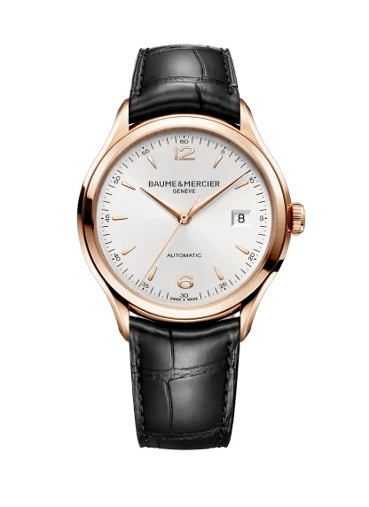 Baume & Mercier Clifton · Or Rose 18kt · 39mm · Cadran Argenté · Cuir Noir Croco