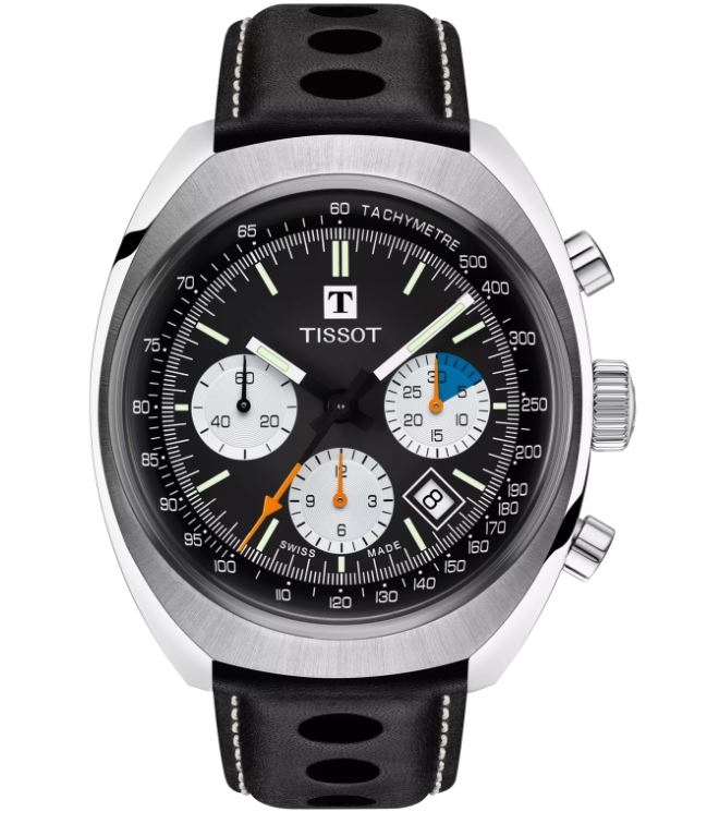 Tissot Heritage 1973 · Chronographe Automatique · 43mm · Cadran Noir · Cuir Perforé